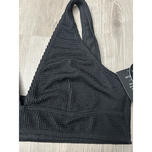 Lulu's black ribbed deep v bikini top unlined ribbed pull on size large new - Picture 2 of 6